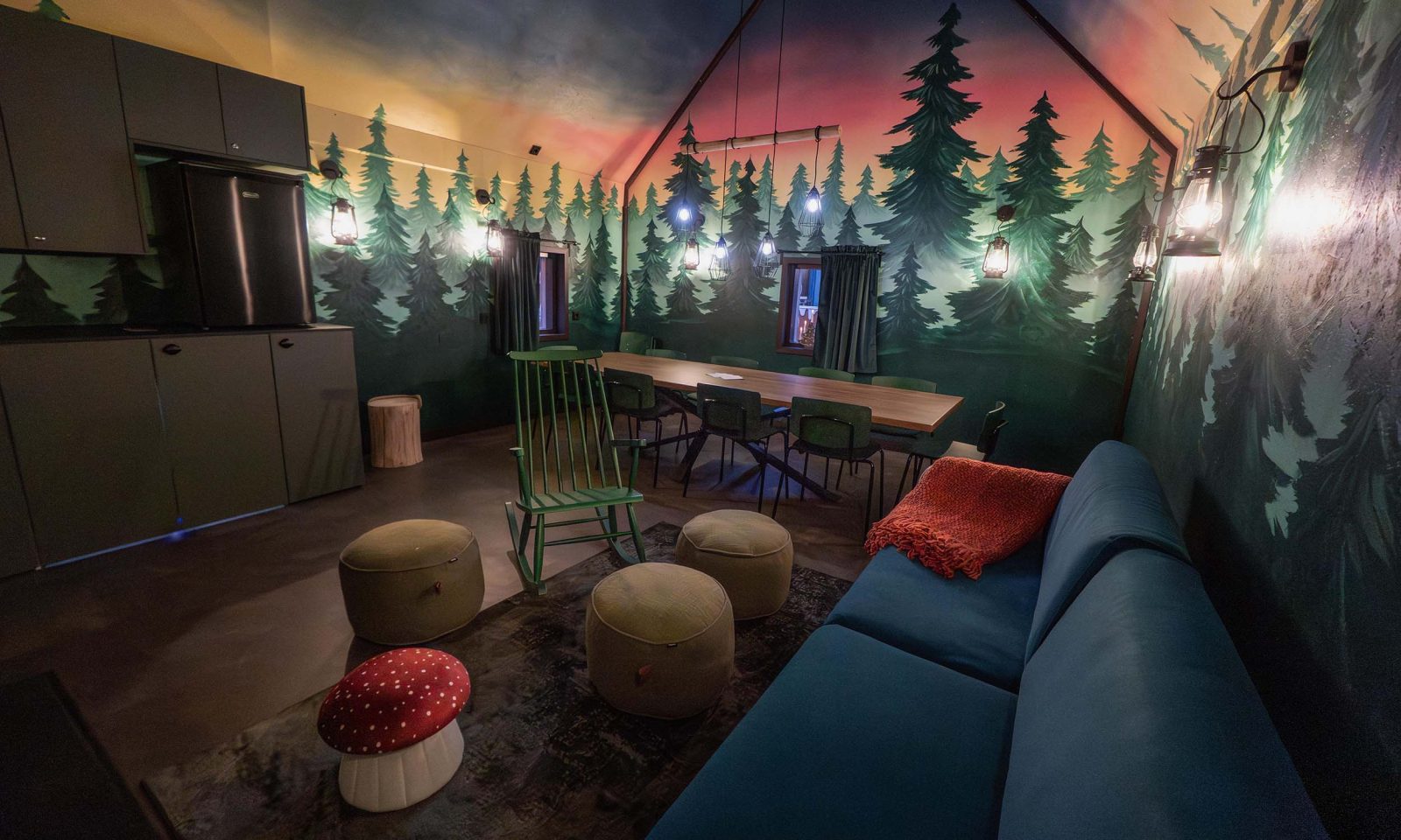 Inside view of a large gingerbread cabin.