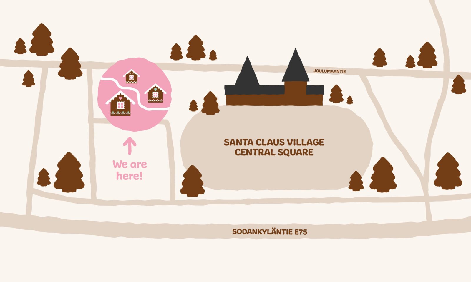 A map showing the location of Piparina in Santa Claus Village.