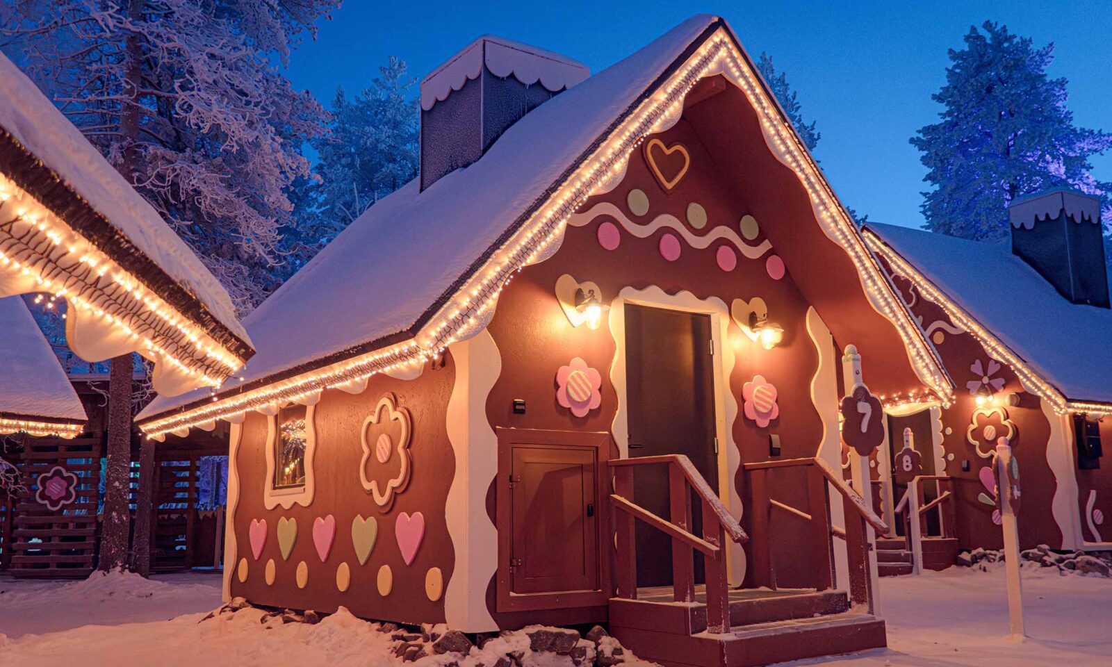 Small gingerbread cabin from the outside in the Santa Claus Village