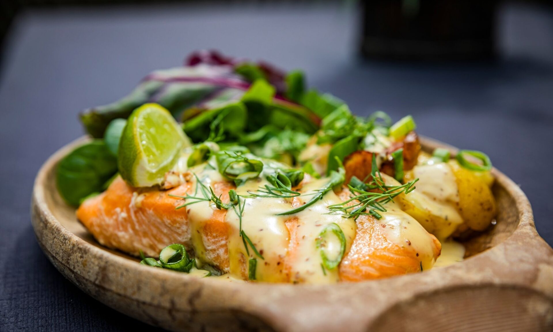 A close up photo of our glow fried salmon dish at the Piparina summer restaurant.