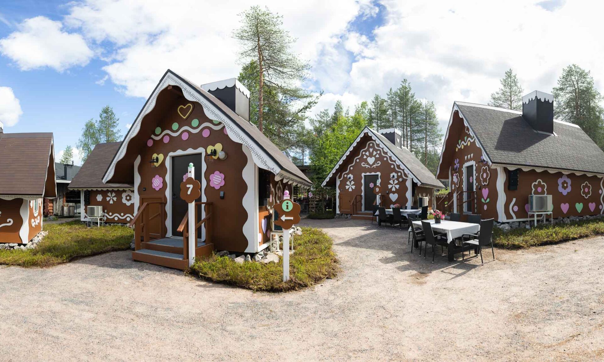 Kesäinen näkymä Piparinan piparkakkumökkikylään Joulupukin Pajakylässä Rovaniemellä.
