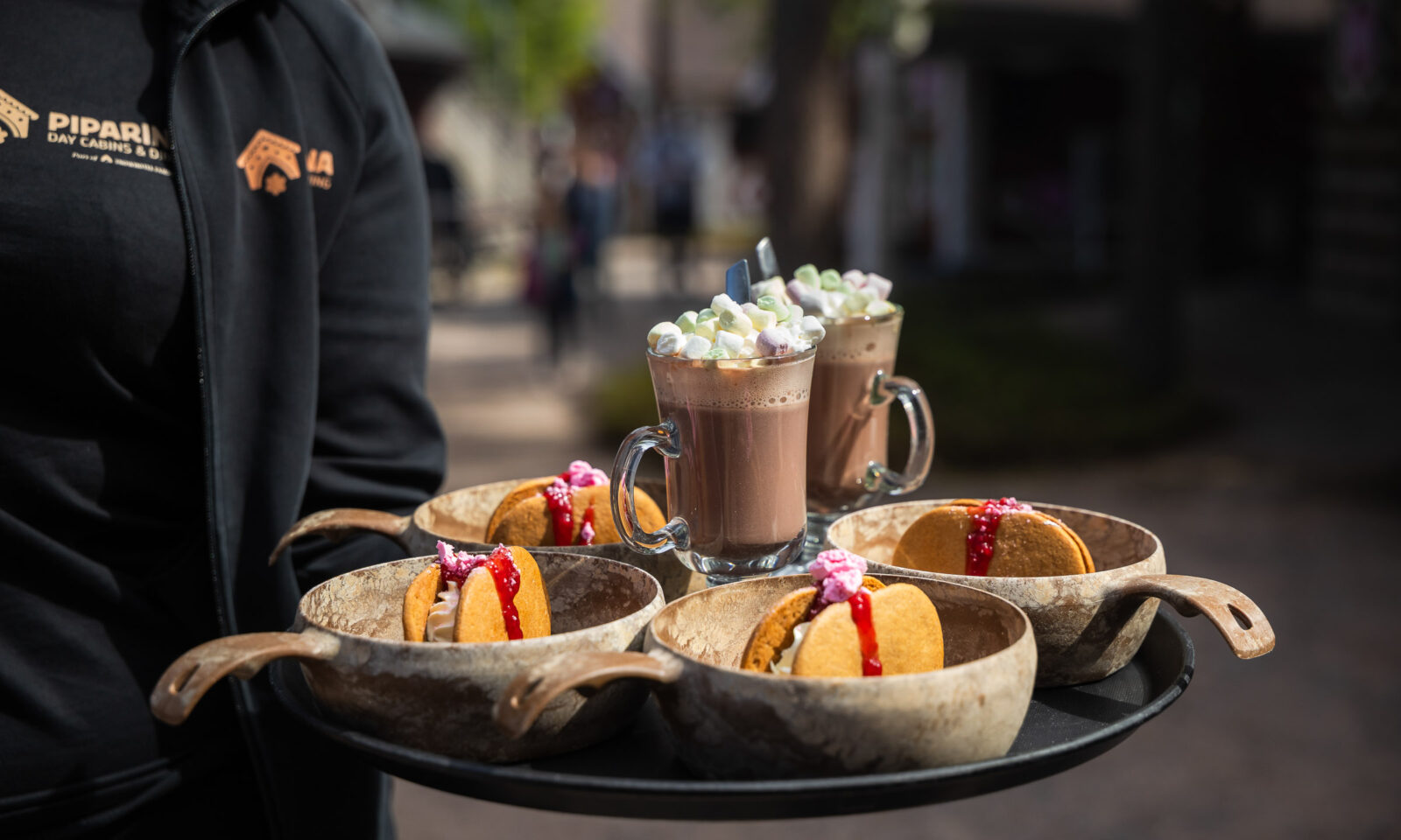 Desserts and hot chocolates served at Piparina Summer restaurant in Santa Claus Village, Rovaniemi.