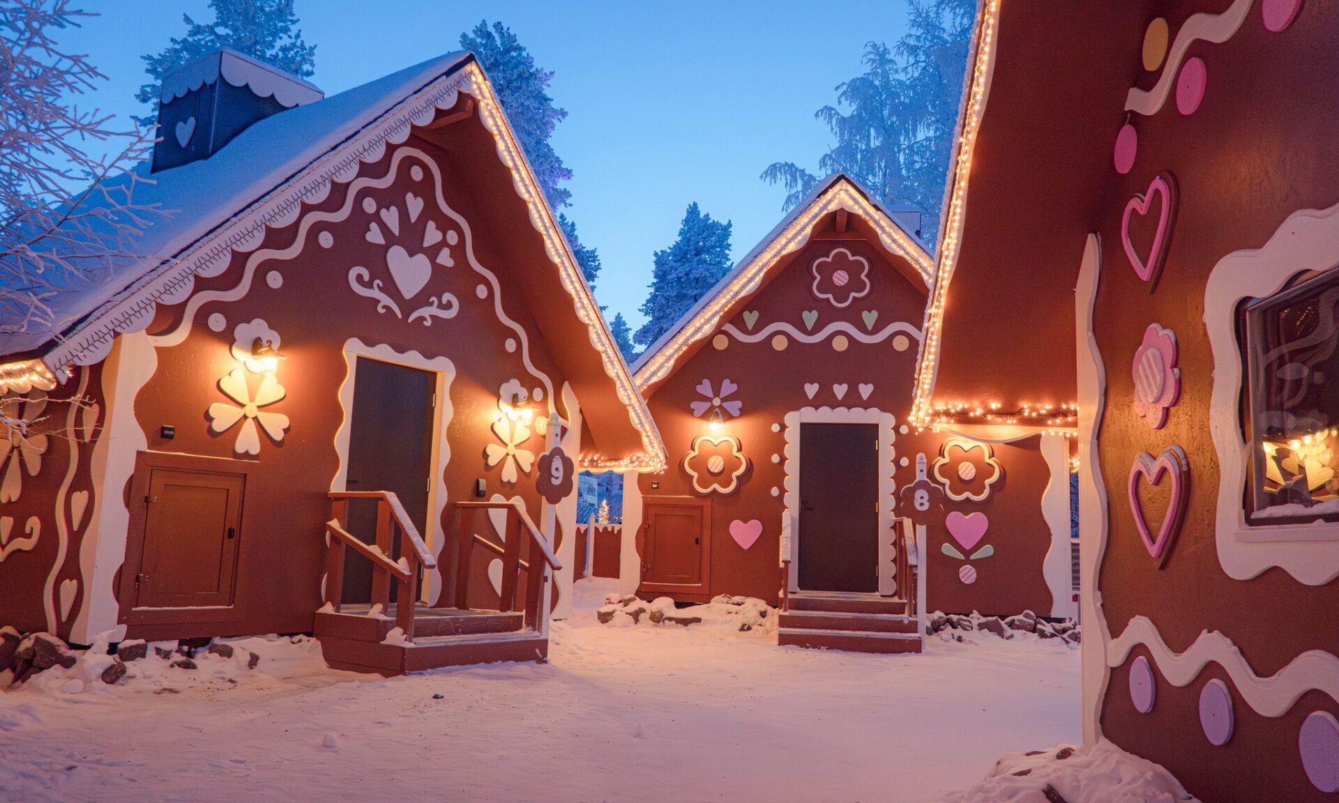 Outside view of the gingerbread cabins in Santa Claus Village.
